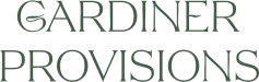 A logo that reads “GARDINER PROVISIONS” in stylized, serif letters against a clean background, with a dark teal/green color.