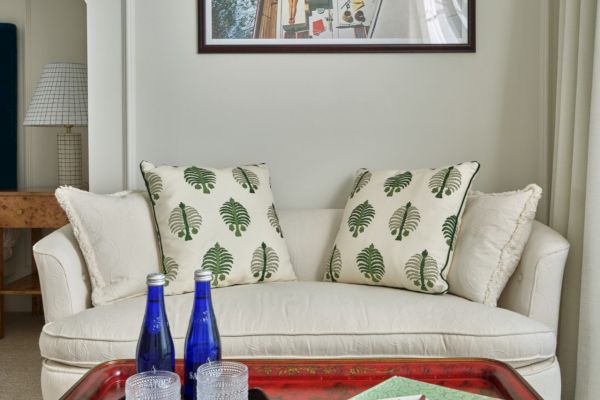 A cozy living area with a sofa, leaf-themed pillows, and a framed picture. A red tray on the table holds two blue bottles and books.