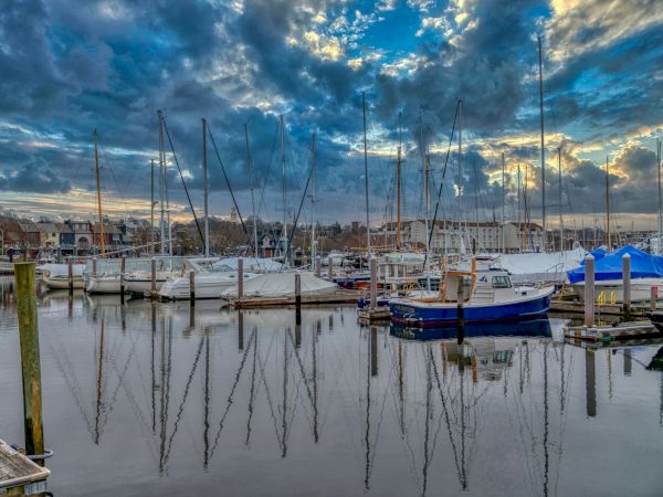 A marina full of docked sailboats, calm water reflecting the boats and masts, and a partly cloudy sky at either dusk or dawn.