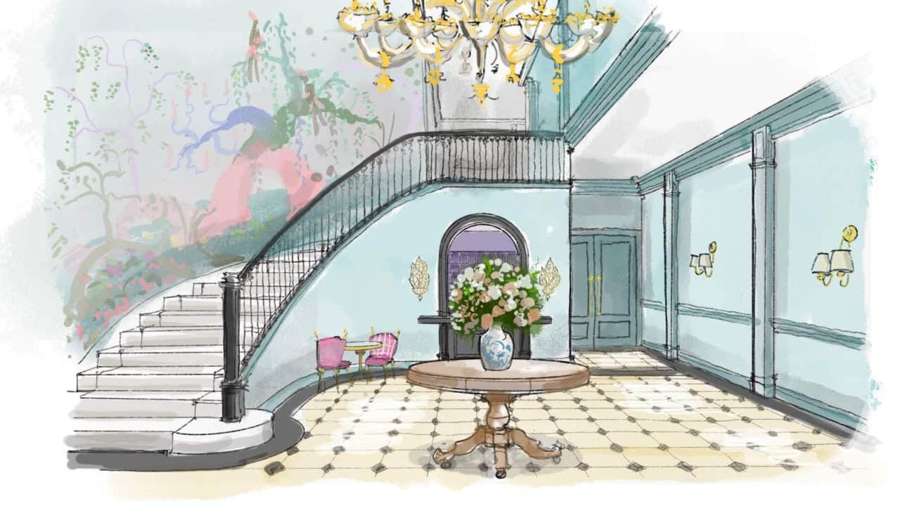 An illustration of a grand foyer with light walls, a spiral staircase, a chandelier, and a round table with flowers in a vase.