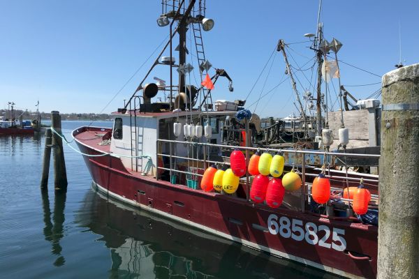 A red fishing boat with the number 685825 is docked, adorned with colorful buoys under a clear blue sky.