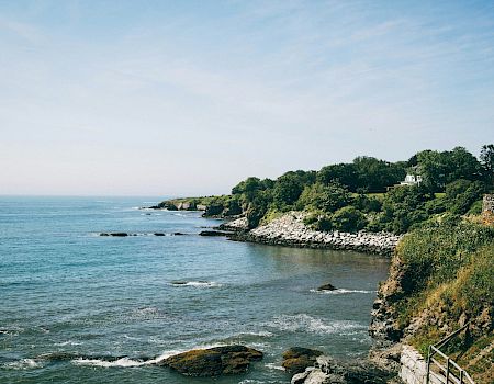 A serene coastal scene with clear skies, cliffs, lush green foliage, and gentle waves breaking against rocks and a distant horizon.