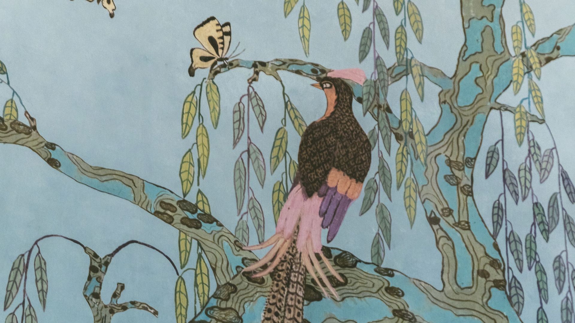 The image features a stylized bird perched on a tree branch, with a butterfly nearby and detailed, patterned leaves in the background.