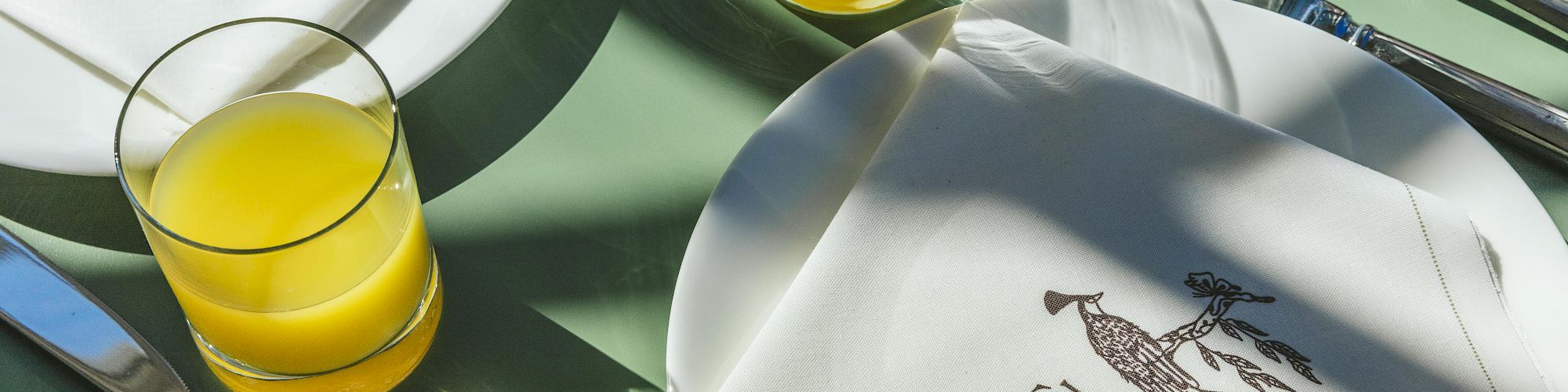The image shows a table set with white plates, artistic napkins, silver cutlery, and glasses of orange juice, under sunlight.